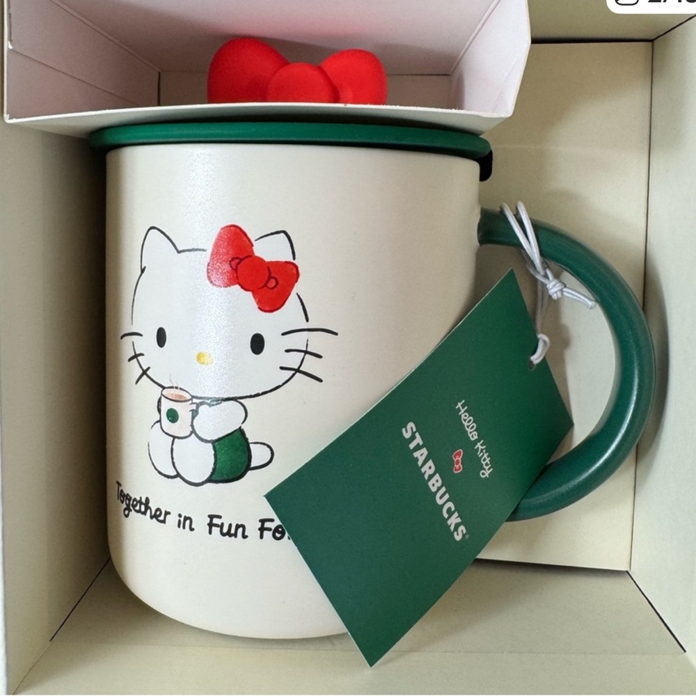 Starbucks Hello Kitty Mug with Green Handle and Red Bow